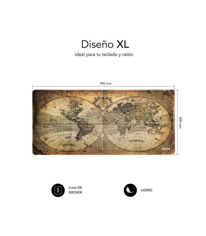 ALFOMBRILLA DE ESCRITORIO MAPA DEL MUNDO VINTAGE SUBBLIM 900x400x3mm - BASE ANTIDESLIZANTE