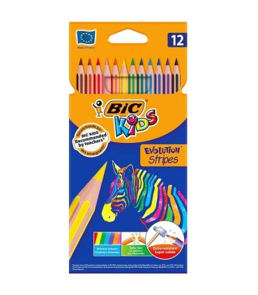 LAPICES COLORES EVOLUTION STRIPES BIC PACK 12 UNIDADES - FABRICADOS EN RESINA
