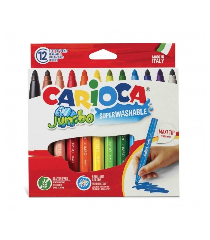 ROTULADORES CARIOCA JUMBO PACK 12 UNIDADES - TINTA SUPERLAVABLE - TAPA VENTILADA