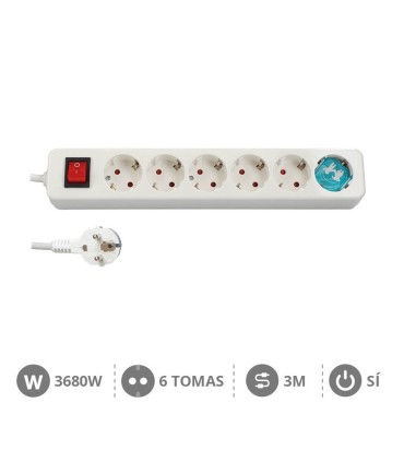 BASE MULTIPLE CON INTERRUPTOR GSC - 6 TOMAS - CABLE DE 3 METROS - POTENCIA MAX  3680W