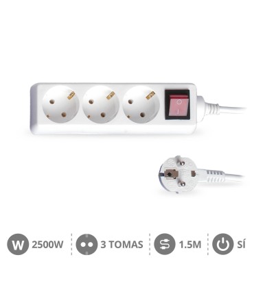 BASE MULTIPLE CON INTERRUPTOR GSC - 3 TOMAS - CABLE DE 1,5 METROS - POTENCIA MAX  2500W
