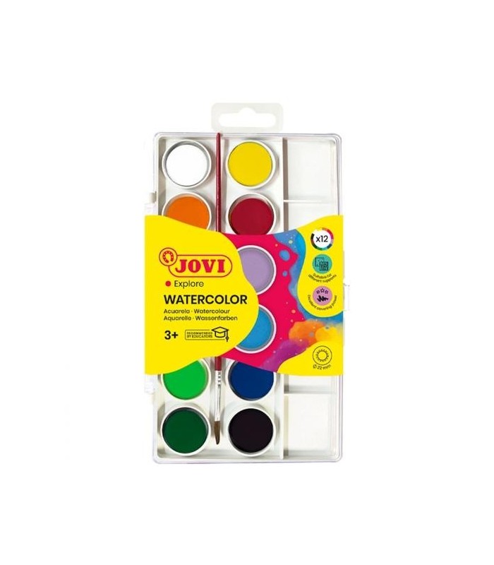 ACUARELAS JOVI PACK 12 COLORES SURTIDOS - PASTILLA 22mm + PINCEL - BRILLANTES