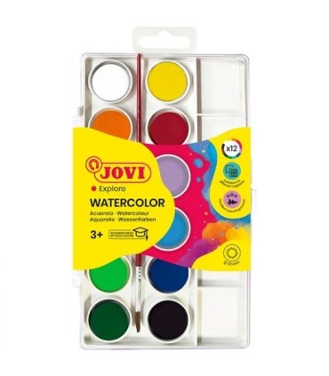 ACUARELAS JOVI PACK 12 COLORES SURTIDOS - PASTILLA 22mm + PINCEL - BRILLANTES