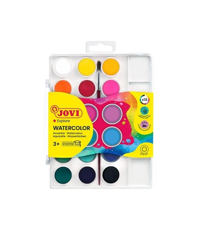 ACUARELAS JOVI PACK 18 COLORES SURTIDOS - PASTILLA 22mm + PINCEL - BRILLANTES