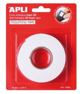 CINTA ADHESIVA DOBLE CARA FOAM 3D APLI 19mm X 2 28m BLANCA - ADHESION FUERTE Y DURADERA