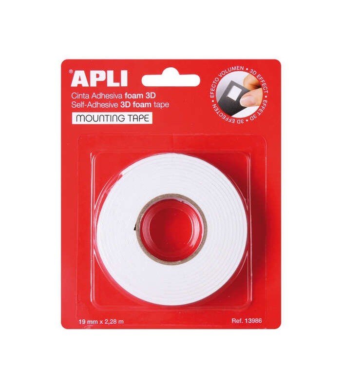 CINTA ADHESIVA DOBLE CARA FOAM 3D APLI 19mm X 2 28m BLANCA - ADHESION FUERTE Y DURADERA