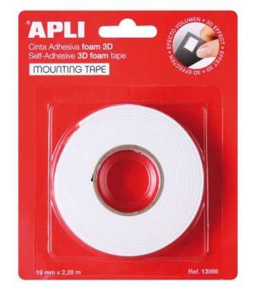 CINTA ADHESIVA DOBLE CARA FOAM 3D APLI 19mm X 2 28m BLANCA - ADHESION FUERTE Y DURADERA