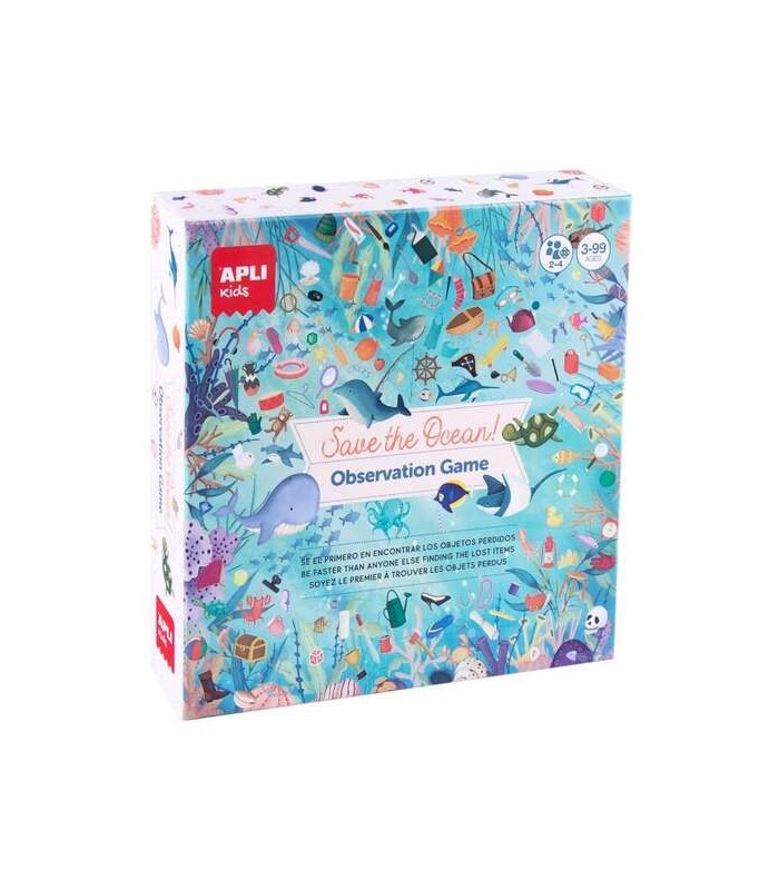 JUEGO DE OBSERVACION SAVE THE OCEAN APLI - 40 CARTAS Y 24 STICKERS - TABLERO 40x40cm