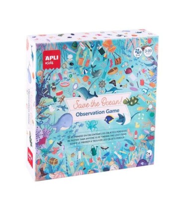 JUEGO DE OBSERVACION SAVE THE OCEAN APLI - 40 CARTAS Y 24 STICKERS - TABLERO 40x40cm