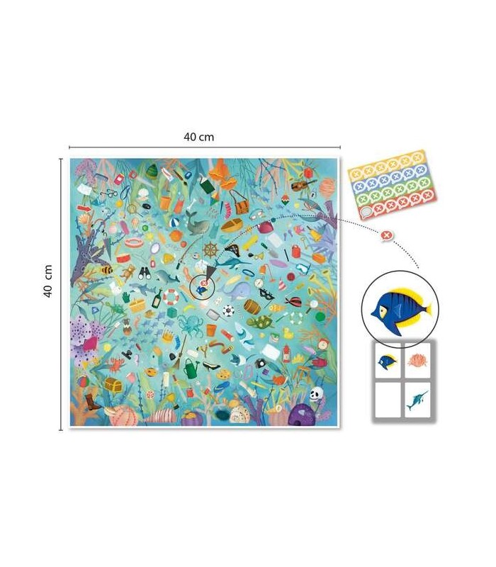 JUEGO DE OBSERVACION SAVE THE OCEAN APLI - 40 CARTAS Y 24 STICKERS - TABLERO 40x40cm