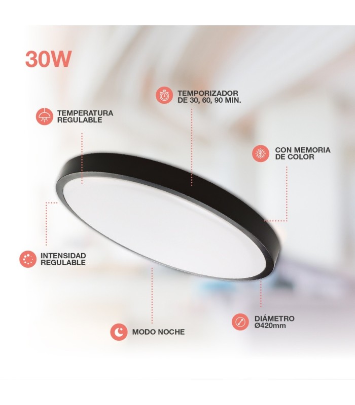 PLAFON TECHO LED GSC ANDRA REDONDO NEGRO 30W LUZ CCT REGULABLE 3200 LUMENES