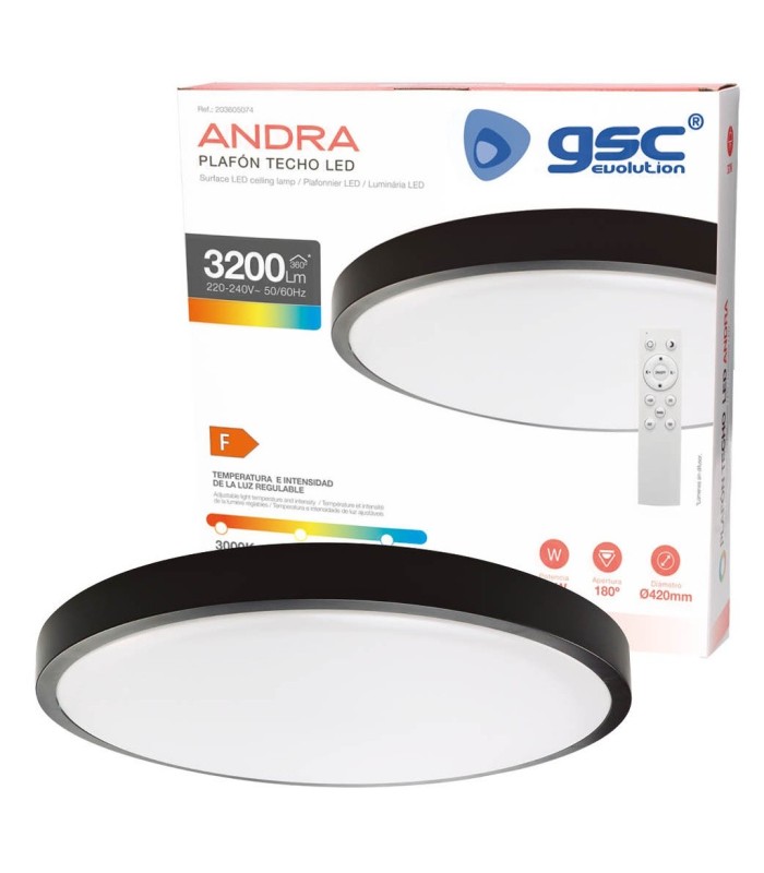 PLAFON TECHO LED GSC ANDRA REDONDO NEGRO 30W LUZ CCT REGULABLE 3200 LUMENES