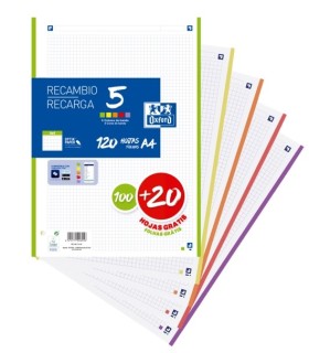 RECAMBIO OXFORD A-4 4x4mm 100 HOJAS + 20 GRATIS 5 COLORES