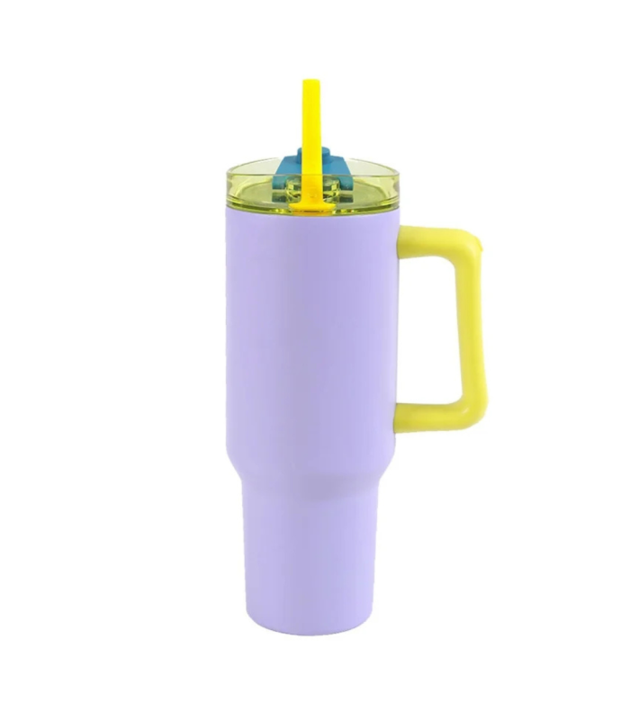 TAZA VIAJE CON TERMO IDRINK 1200 ML LILA Y AMARILLA MANTIENE FRIO 24 HORAS CALOR 10 HORAS SIN BPA