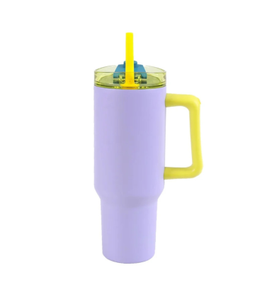 TAZA VIAJE CON TERMO IDRINK 1200 ML LILA Y AMARILLA MANTIENE FRIO 24 HORAS CALOR 10 HORAS SIN BPA