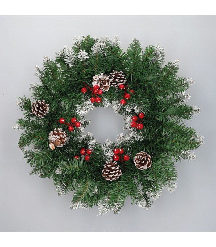 CORONA DE NAVIDAD EFECTO NIEVE CON ACEBO Y PIÑAS BALITI GSC Ø50cm 80 RAMAS
