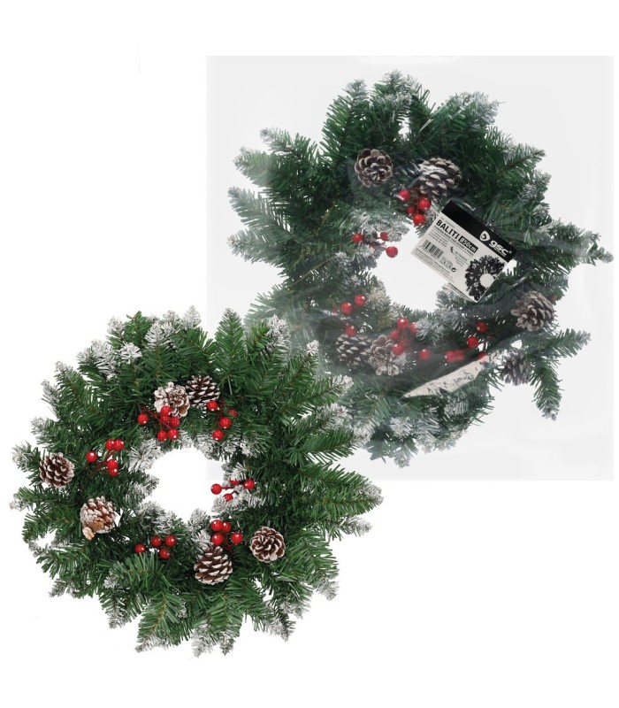 CORONA DE NAVIDAD EFECTO NIEVE CON ACEBO Y PIÑAS BALITI GSC Ø50cm 80 RAMAS