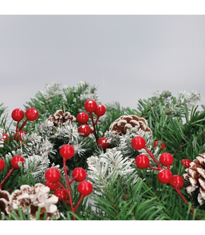 CORONA DE NAVIDAD EFECTO NIEVE CON ACEBO Y PIÑAS BALITI GSC Ø50cm 80 RAMAS