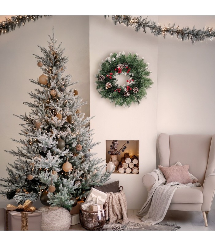 CORONA DE NAVIDAD EFECTO NIEVE CON ACEBO Y PIÑAS BALITI GSC Ø50cm 80 RAMAS