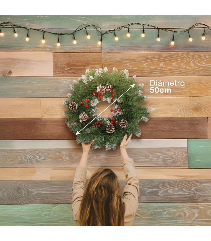 CORONA DE NAVIDAD EFECTO NIEVE CON ACEBO Y PIÑAS BALITI GSC Ø50cm 80 RAMAS