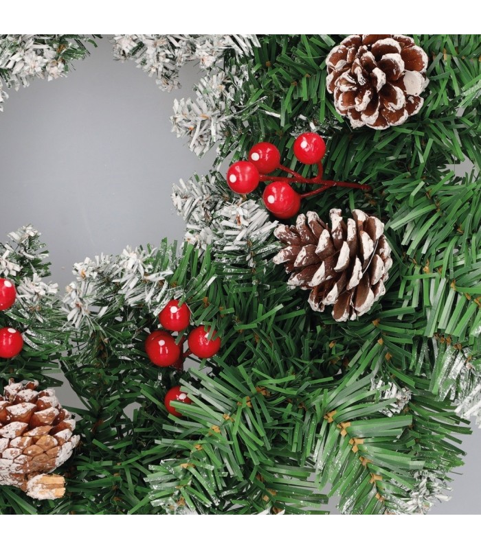 CORONA DE NAVIDAD EFECTO NIEVE CON ACEBO Y PIÑAS BALITI GSC Ø50cm 80 RAMAS