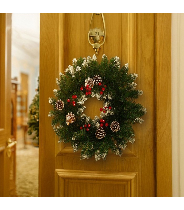 CORONA DE NAVIDAD EFECTO NIEVE CON ACEBO Y PIÑAS BALITI GSC Ø50cm 80 RAMAS