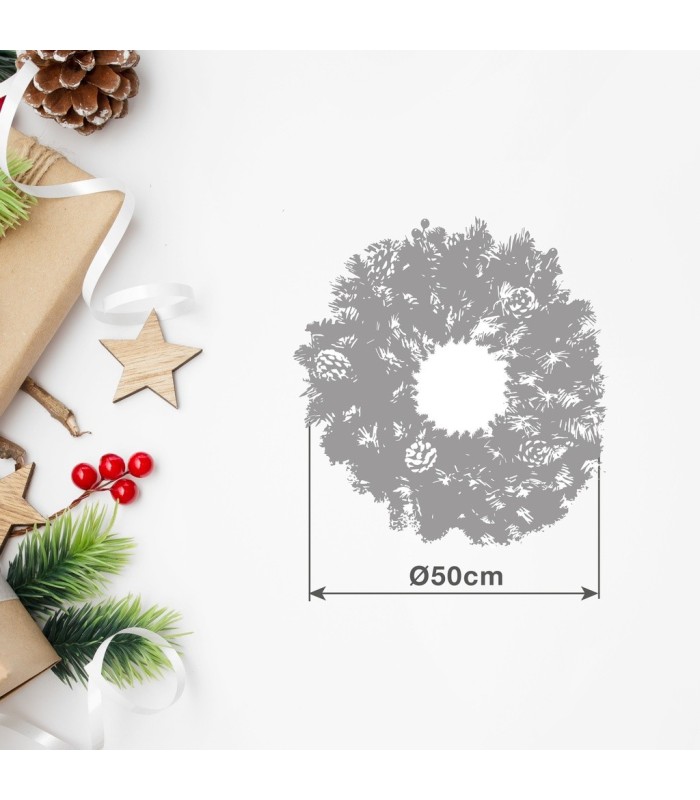 CORONA DE NAVIDAD EFECTO NIEVE CON ACEBO Y PIÑAS BALITI GSC Ø50cm 80 RAMAS