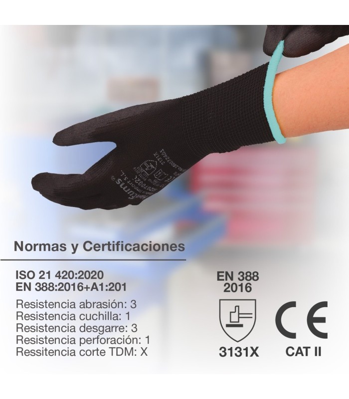PAR DE GUANTES POLIESTER Y POLIURETANO NEGROS GSC - TALLA 8