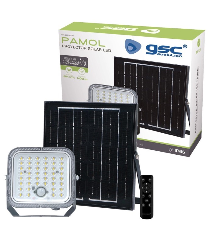 FOCO PROYECTOR SOLAR LED PAMOL GSC CON SENSOR DE MOVIMIENTO Y CREPUSCULAR 50W 6000K 1400LM