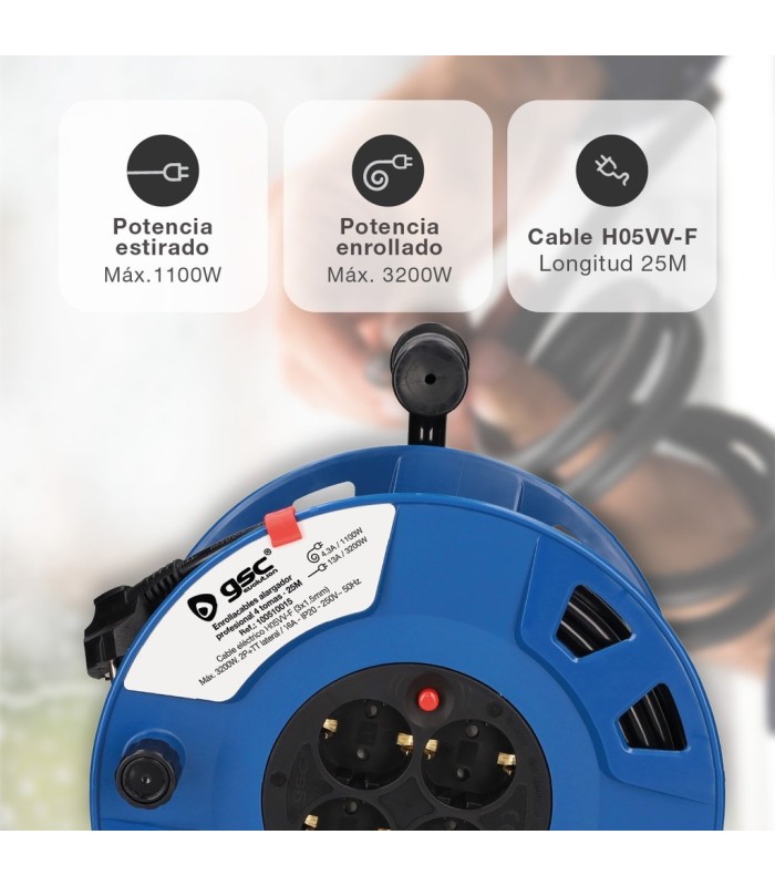 ENROLLACABLES ALARGADOR PROFESIONAL GSC 4 ENCHUFES 3x1.5mm - 25 METROS