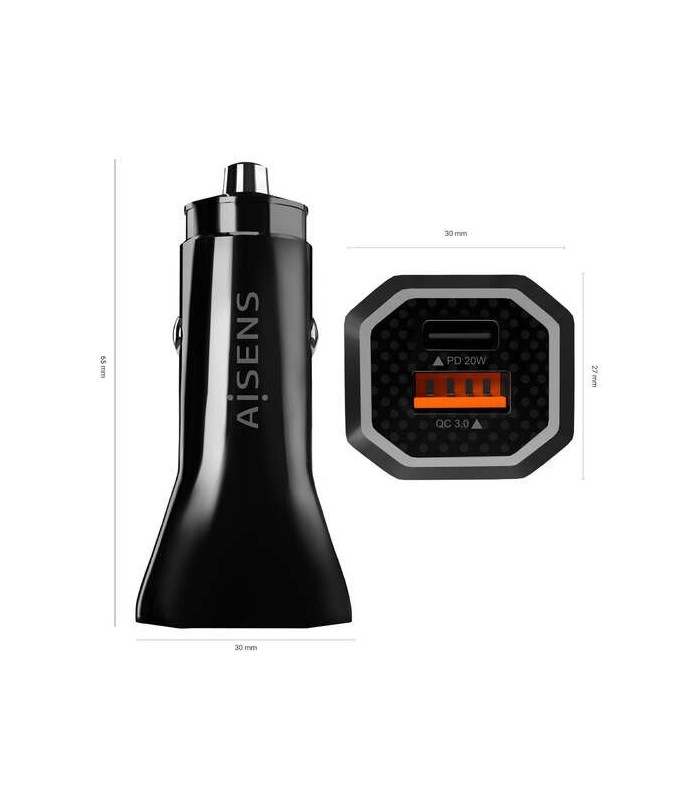 CARGADOR DE COCHE AISENS 38W NEGRO - 2 PUERTOS DE CARGA RAPIDA 3 0 - 1 USB-A + 1 USB-C