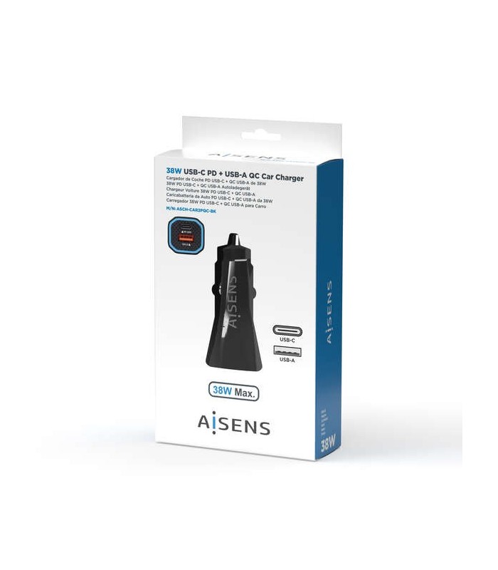 CARGADOR DE COCHE AISENS 38W NEGRO - 2 PUERTOS DE CARGA RAPIDA 3 0 - 1 USB-A + 1 USB-C