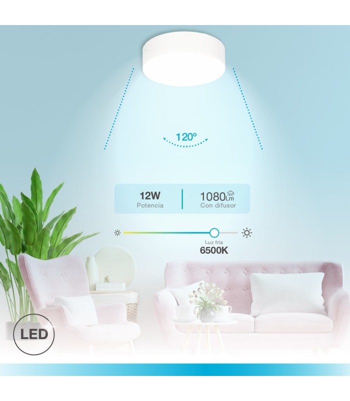 PLAFON SUPERFICIE DOWNLIGHT LED REDONDO BOGUR BLANCO 12W LUZ BLANCA 6500K 1200 LUMENES