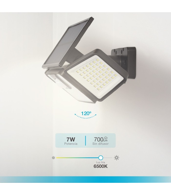 APLIQUE SOLAR LED ORIENTABLE MARLO GSC NEGRO 7W LUZ BLANCA 6500K 700 LUMENES - CON SENSOR