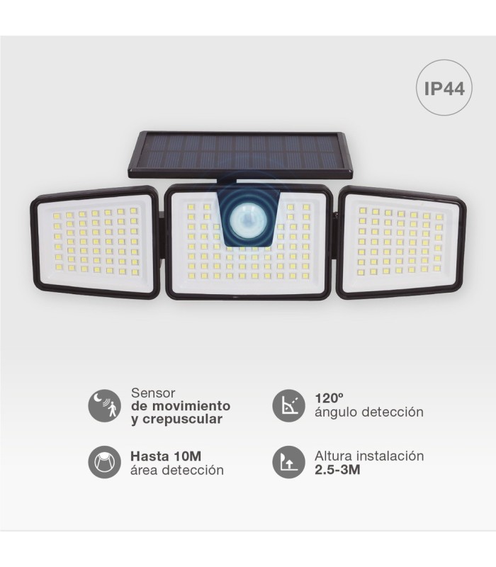 APLIQUE SOLAR LED ORIENTABLE MARLO GSC NEGRO 7W LUZ BLANCA 6500K 700 LUMENES - CON SENSOR