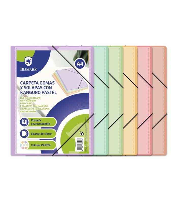 CARPETA GOMAS Y SOLAPA A4 CON KANGURO COLORES PASTEL SURTIDOS BISMARK