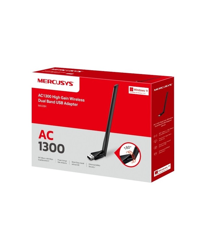 ADAPTADOR USB WIFI DOBLE BANDA MERCUSYS MA30H AC1300 NEGRO - HASTA 867Mbps 5GHz