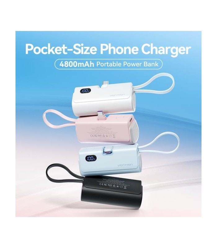 POWERBANK 4800mAh VENTION ROSA - CARGA RAPIDA 22,5W - CONECTOR USB-C PLEGABLE