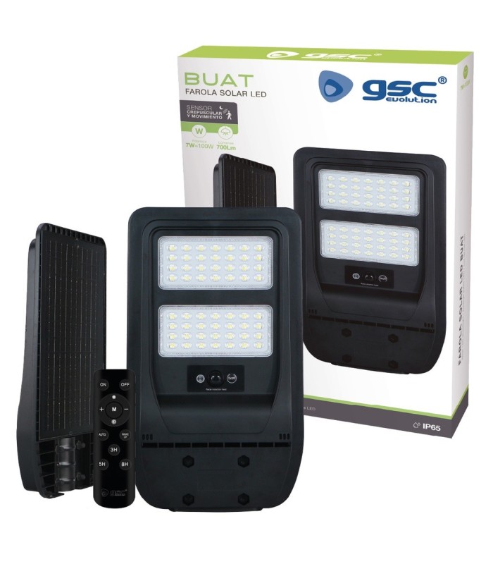 FAROLA SOLAR LED BUAT GSC CON SENSOR CREPUSCULAR Y MOVIMIENTO 7W LUZ BLANCA 6500K 700Lm 