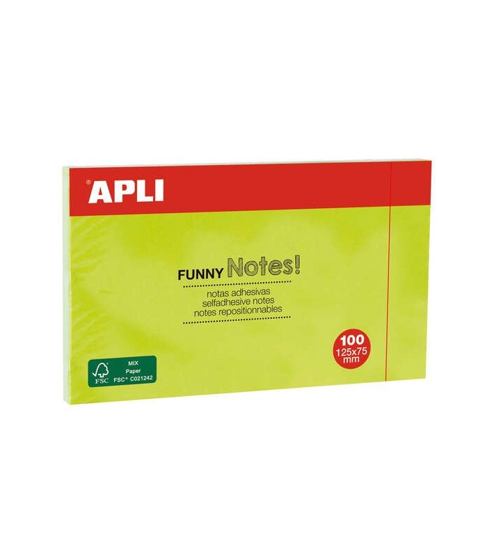 NOTAS ADHESIVAS FUNNY APLI 125x75mm VERDE FLUORESCENTE - BLOC DE 100 HOJAS