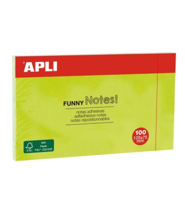 NOTAS ADHESIVAS FUNNY APLI 125x75mm VERDE FLUORESCENTE - BLOC DE 100 HOJAS