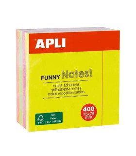 CUBO 400 NOTAS ADHESIVAS FLUORESCENTES FUNNY APLI 75x75mm - COLORES SURTIDOS