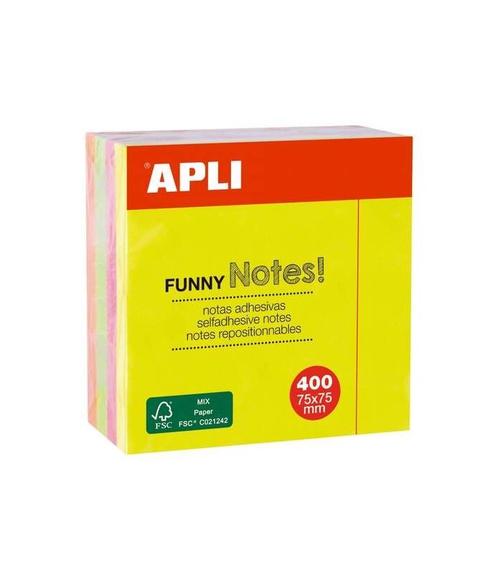 CUBO 400 NOTAS ADHESIVAS FLUORESCENTES FUNNY APLI 75x75mm - COLORES SURTIDOS