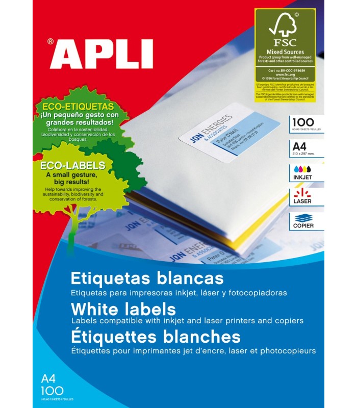 ETIQUETAS BLANCAS PERMANENTES APLI 99,1 X 34,0 MM 100 HOJAS CAJA 1600 UNIDADES