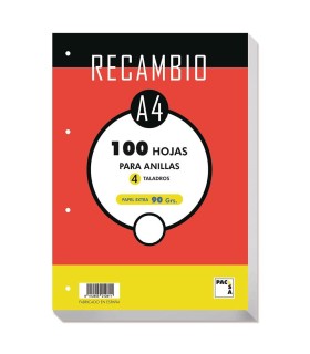RECAMBIO LISO 100 HOJAS 4 TALADROS PACSA 90GR