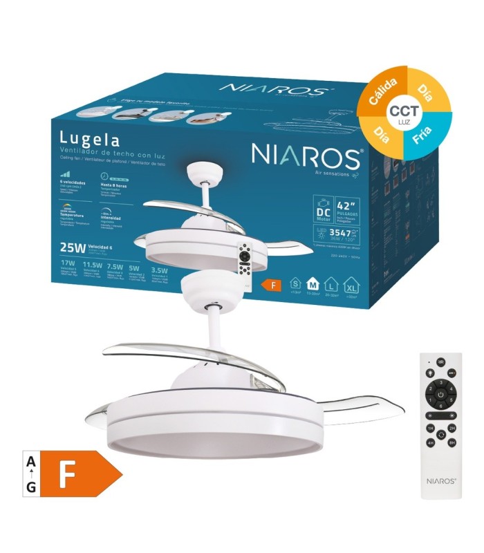VENTILADOR TECHO LUGELA GSC LUZ CCT REGULABLE Y MANDO Ø107 3 ASPAS RETRÁCTILES DC BLANCO