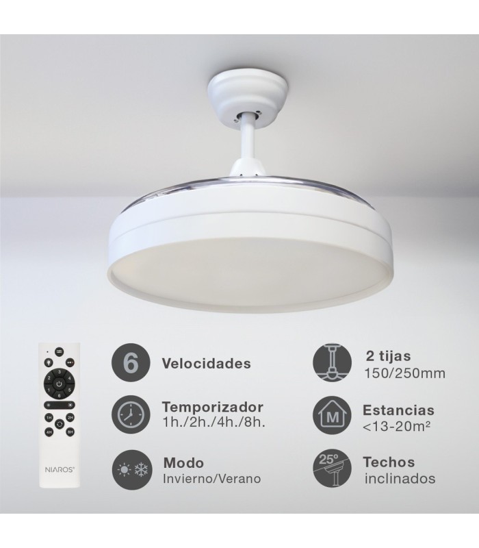 VENTILADOR TECHO LUGELA GSC LUZ CCT REGULABLE Y MANDO Ø107 3 ASPAS RETRÁCTILES DC BLANCO