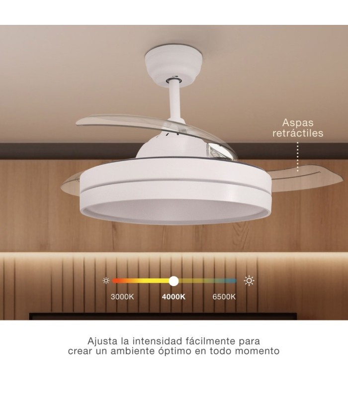 VENTILADOR TECHO LUGELA GSC LUZ CCT REGULABLE Y MANDO Ø107 3 ASPAS RETRÁCTILES DC BLANCO