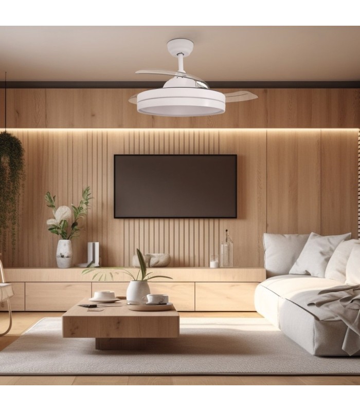 VENTILADOR TECHO LUGELA GSC LUZ CCT REGULABLE Y MANDO Ø107 3 ASPAS RETRÁCTILES DC BLANCO