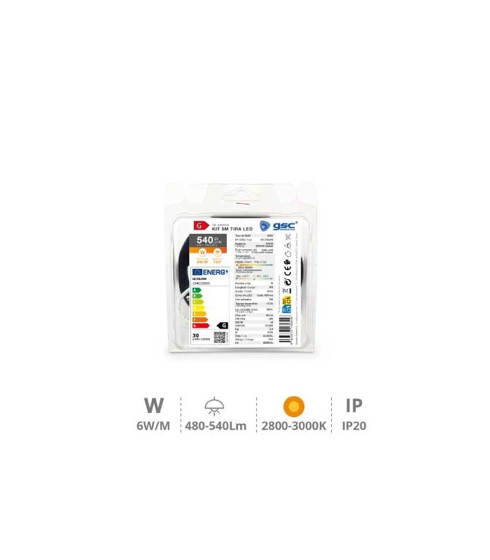 PACK TIRA LED 5 METROS 6W-M LUZ CALIDA 2800-3200K SMD2835 540 Lm-M IP20 GSC EVOLUTION